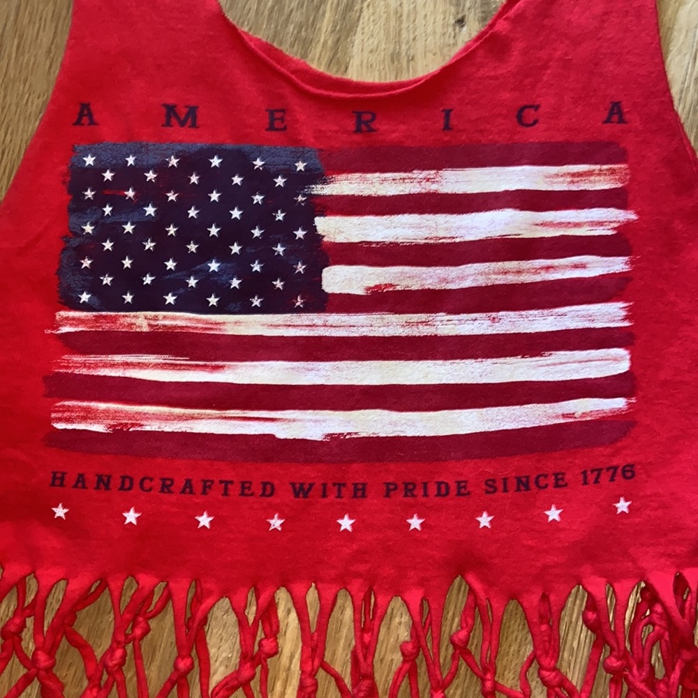 4th of July Independence Day Patriotic American Flag Fringe Knot Crop Tank Top - Picture 3 of 8